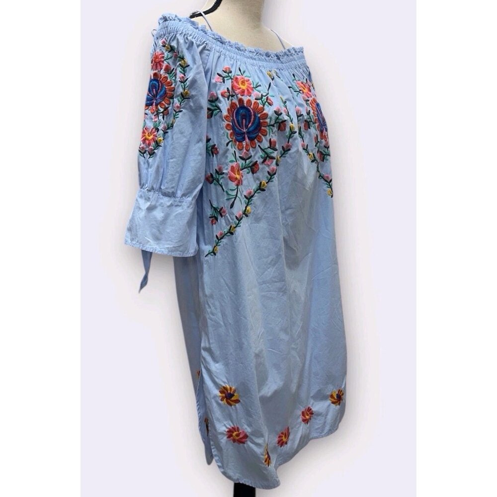 Vadim Womans‎ L Blue Floral Embroidered Off The Shoulder Dress Romantic Summer - Picture 2 of 10